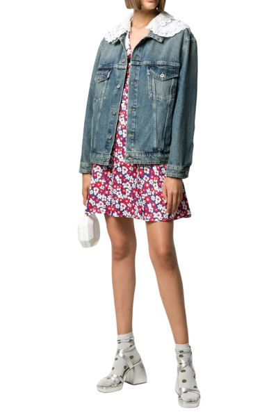 Image 2 of Miu Miu Blue Lace-Trim Denim Jacket