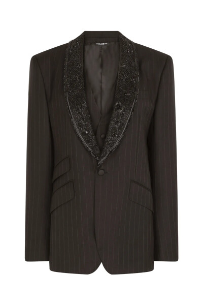 Image of Dolce & Gabbana Black Single-breasted pinstripe jacket with embroidery