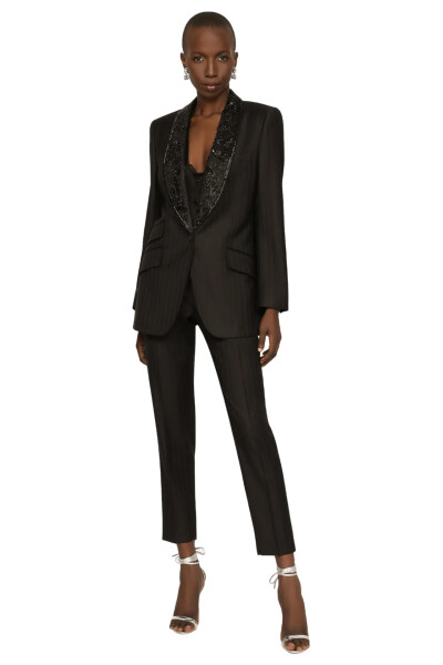 Image 6 of Dolce & Gabbana Black Single-breasted pinstripe jacket with embroidery