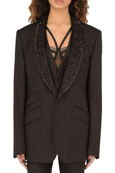 Image 4 of Dolce & Gabbana Black Single-breasted pinstripe jacket with embroidery