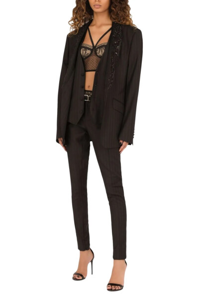 Image 3 of Dolce & Gabbana Black Single-breasted pinstripe jacket with embroidery