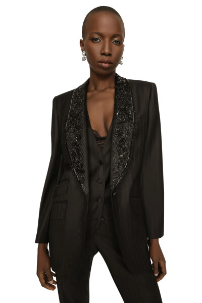 Image 5 of Dolce & Gabbana Black Single-breasted pinstripe jacket with embroidery