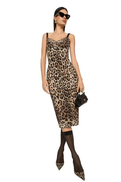 Image 3 of Dolce & Gabbana Brown Marquisette calf-length dress with leopard print