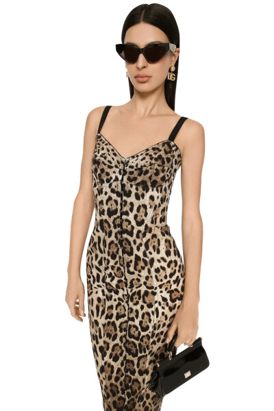 Image 4 of Dolce & Gabbana Brown Marquisette calf-length dress with leopard print