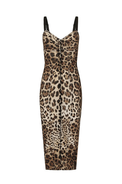 Image of Dolce & Gabbana Brown Marquisette calf-length dress with leopard print