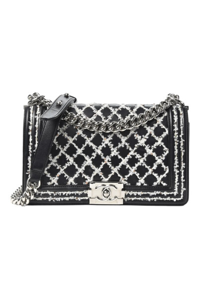 Image of Chanel Black Calfskin Quilted White Sequin Stitch Medium Boy Bag