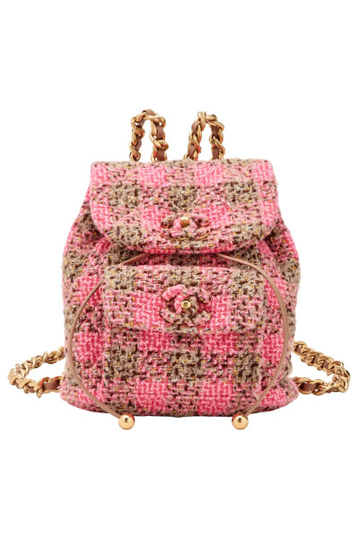 Image of Chanel Pink and Beige Wool Tweed Duma Backpack Gold Hardware