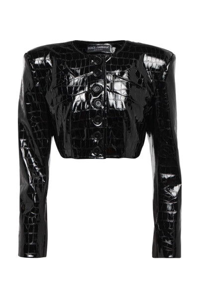 Image of Dolce & Gabbana Black Cropped Single-breasted Jacket With Alligator Print