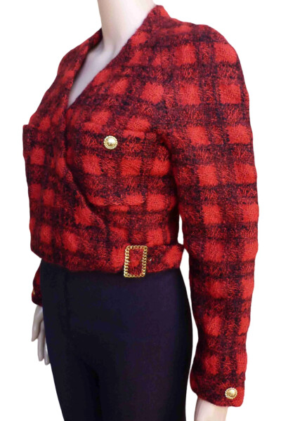 Image 4 of Chanel Red Vintage Plaid Cropped Wool Jacket