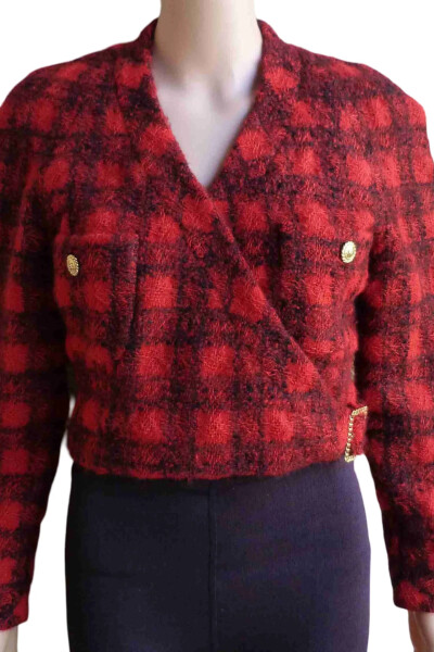 Image 3 of Chanel Red Vintage Plaid Cropped Wool Jacket