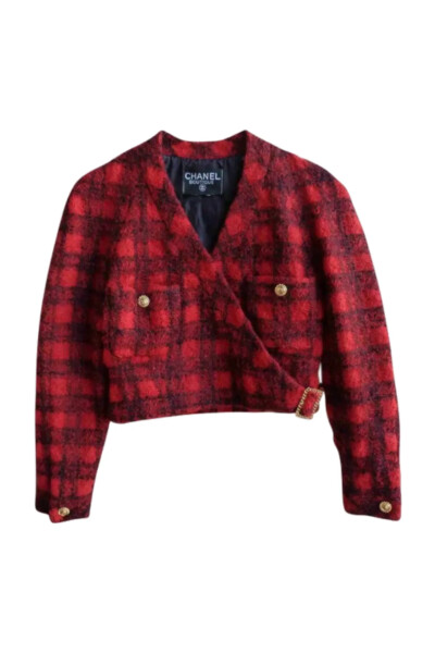 Image of Chanel Red Vintage Plaid Cropped Wool Jacket