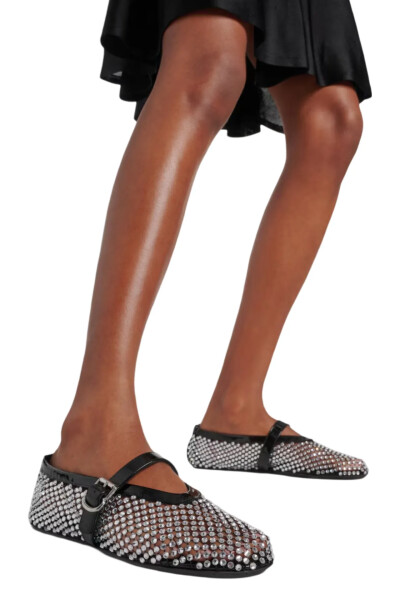 Image 3 of ALAIA Black Embellished fishnet crystal ballet flats